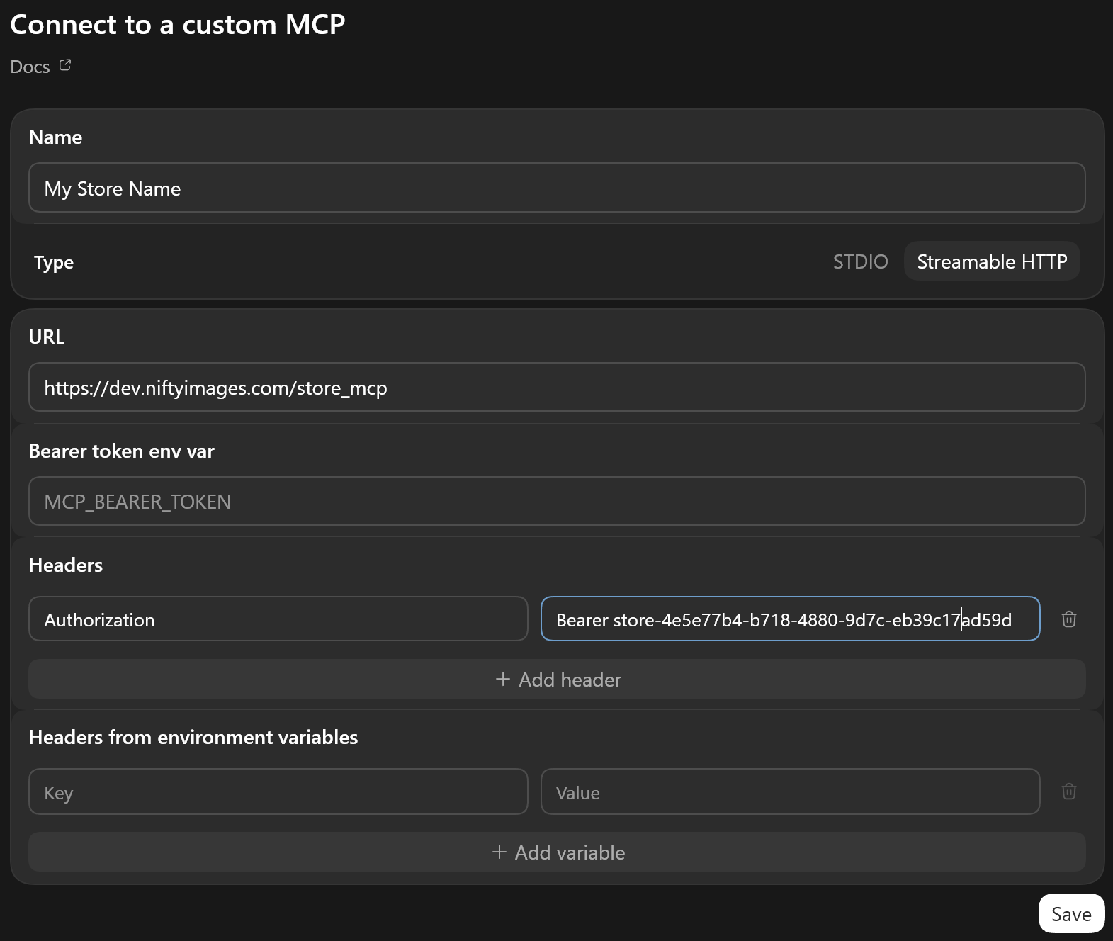 Codex Add Server: name field, URL field, and HTTP headers with key Authorization and value Bearer your API key.