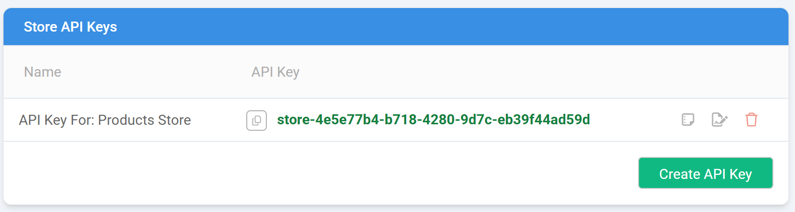 NiftyImages store details showing a Store API Key that can be copied for MCP auth.